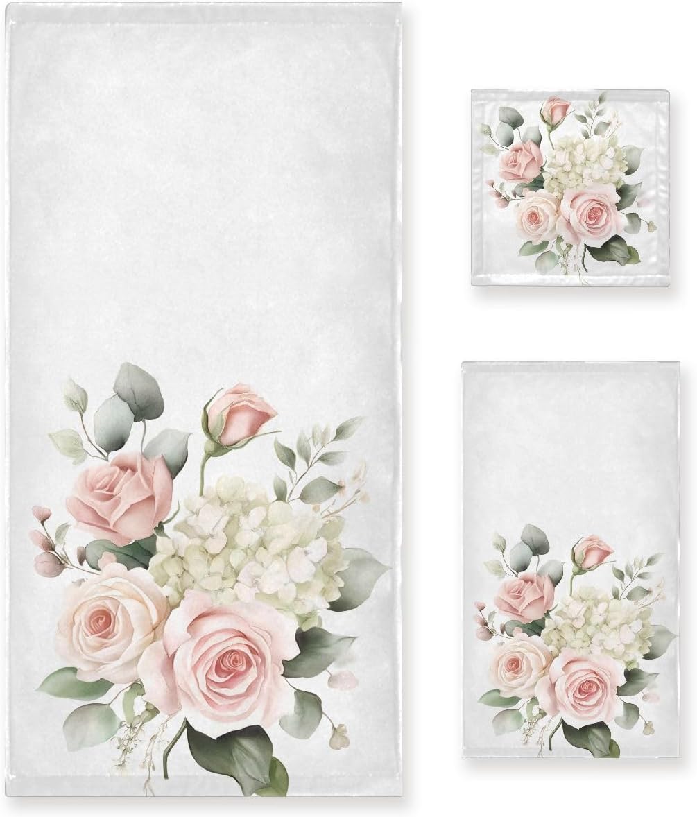 Bolaz 3 Piece Bath Towel Set Pink Rose Hydrangea