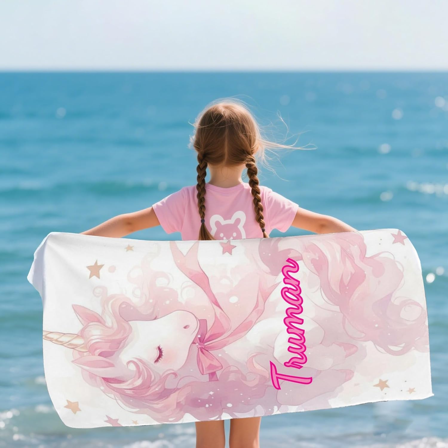 RAMULEN 2025 Custom Beach Towel with Name Striped Unicorn