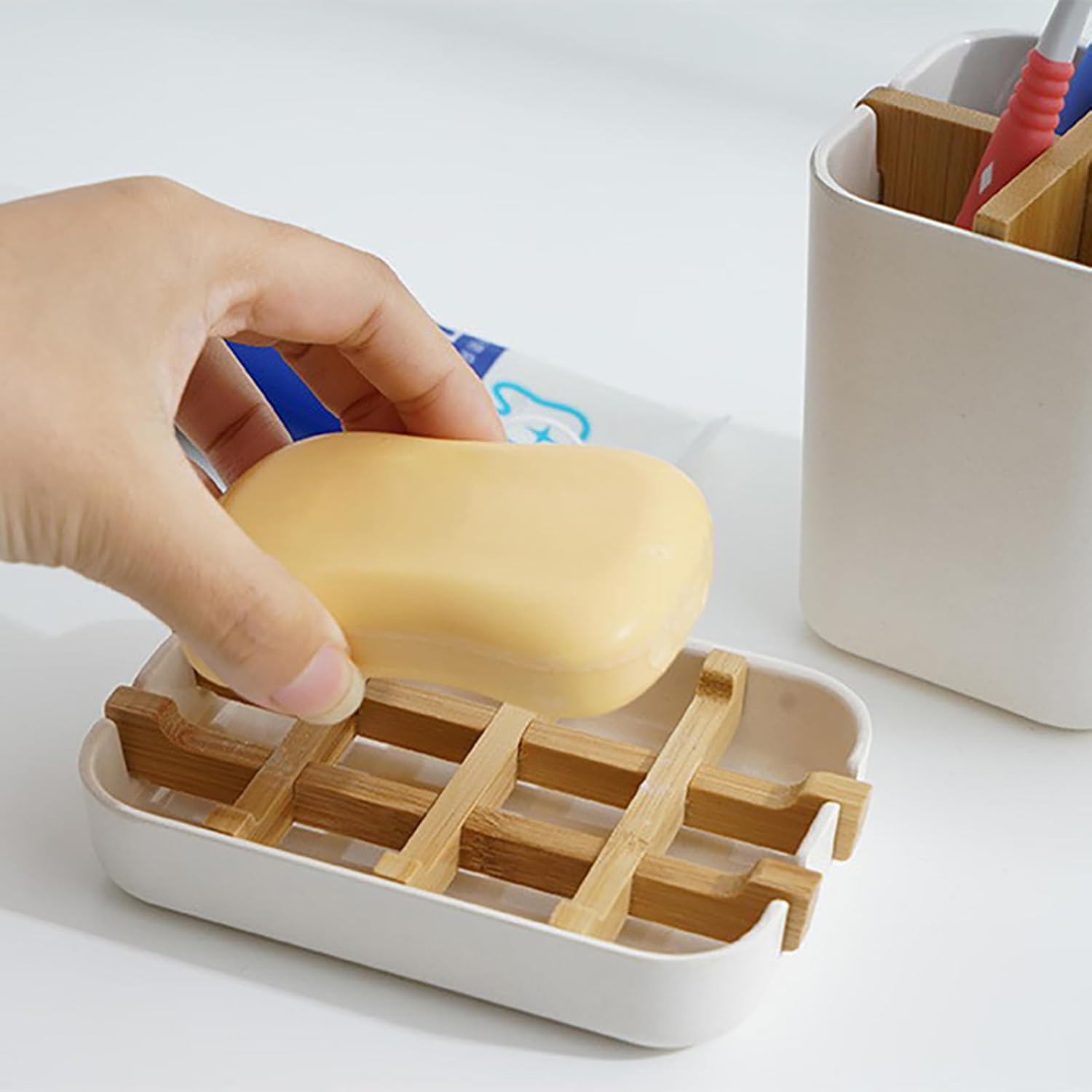 Meokro Soap Dish with Wooden Holder and Tray for Bathroom Storage