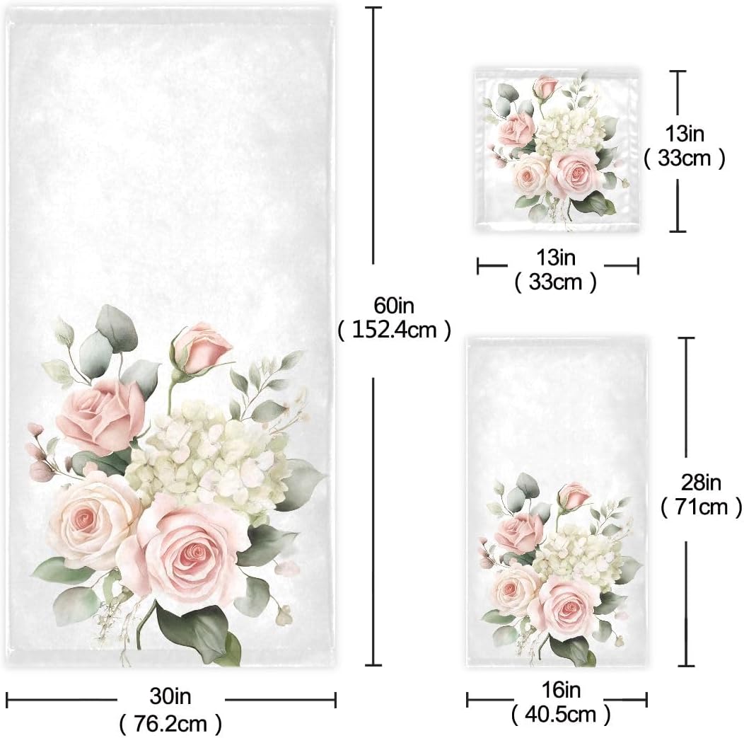Bolaz 3 Piece Bath Towel Set Pink Rose Hydrangea