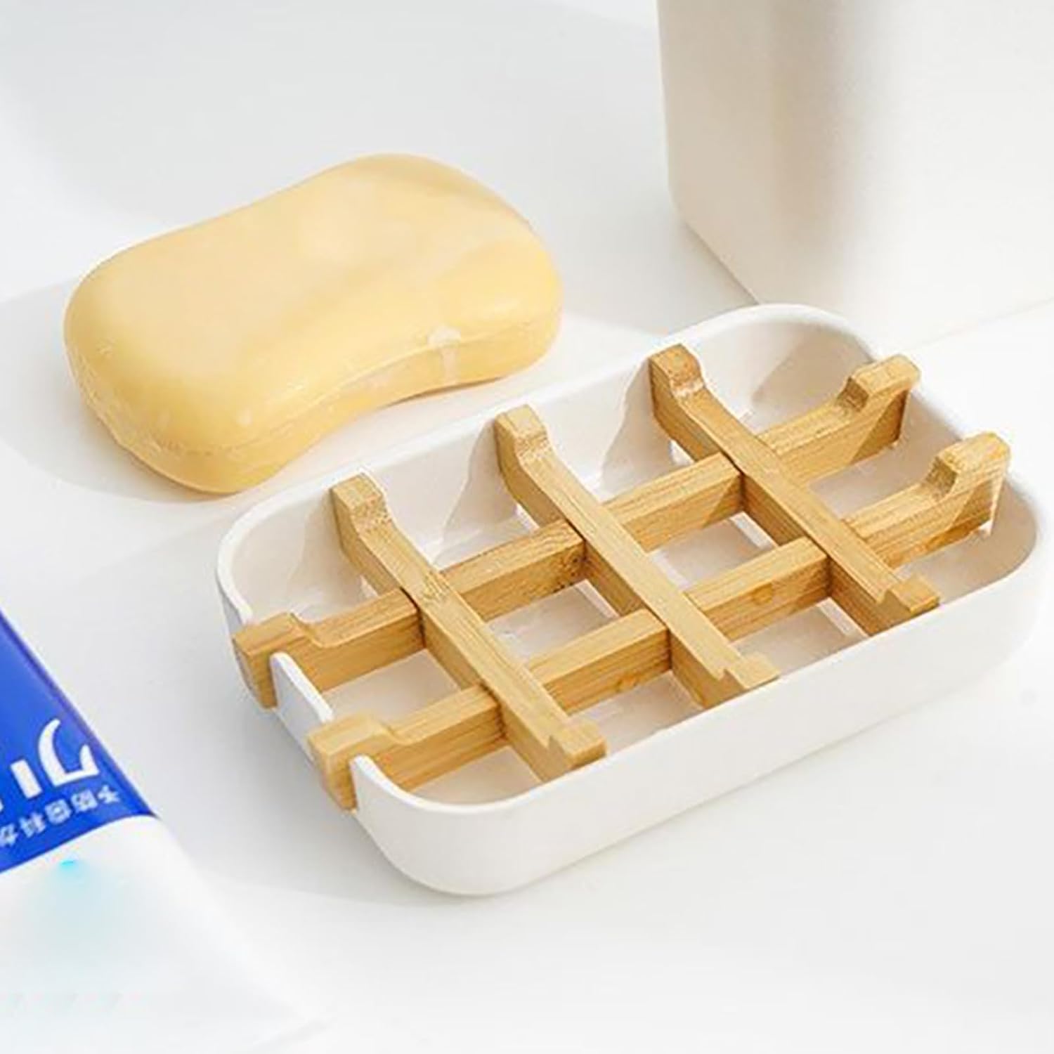 Meokro Soap Dish with Wooden Holder and Tray for Bathroom Storage