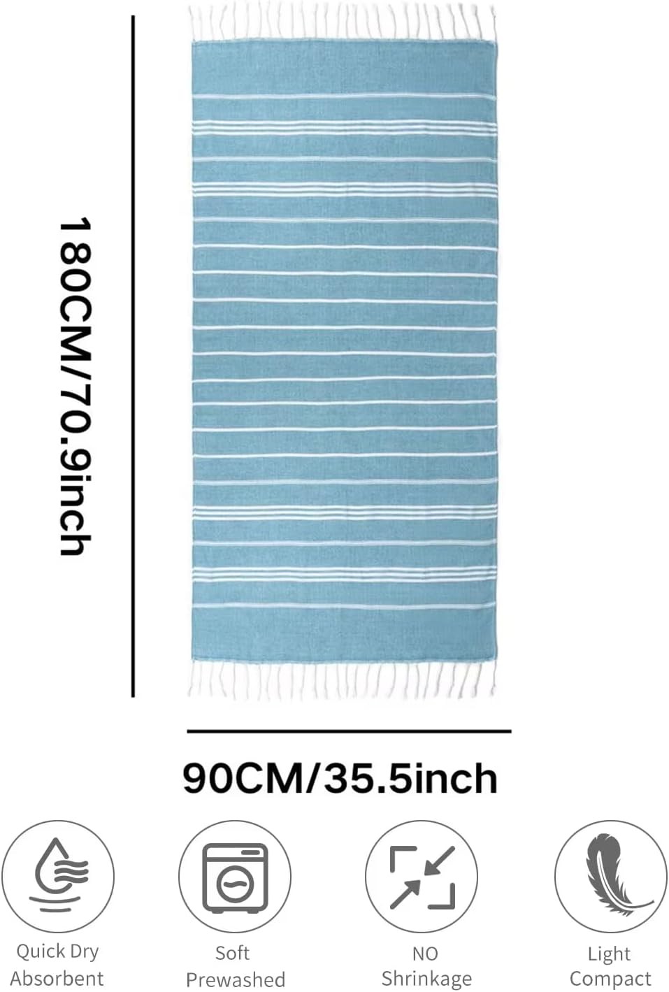 Turkish Cotton Beach Towel with Tassels - Quick Dry Lightweight 1