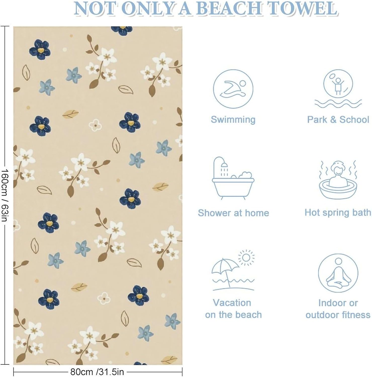 Fluffy Watercolor Spring Flowers Beach Towel 32x64 Inch