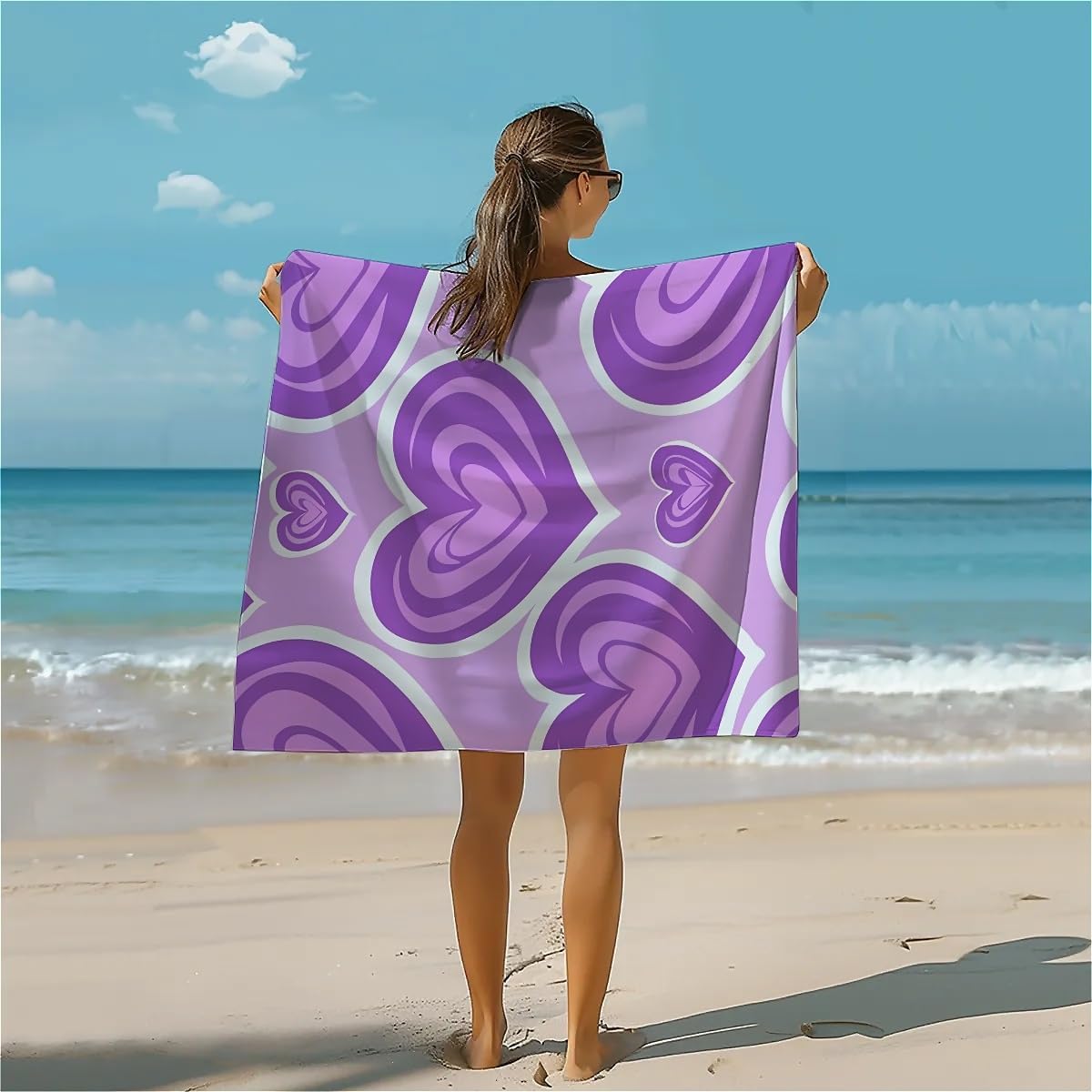 Cute Purple Heart Fluffy Oversized Beach Towel 32x64 Inch
