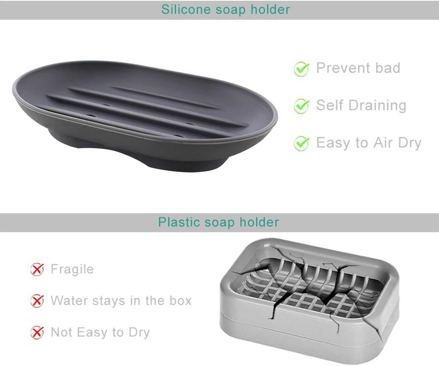 Flexible Silicone Soap Tray 2 Pack for Shower Bath Kitchen