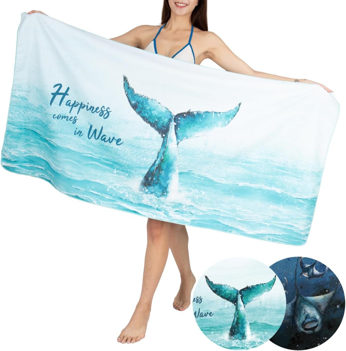 Umade Upgraded Microfiber Beach Towel - Whale Tail Aqua Blue 1