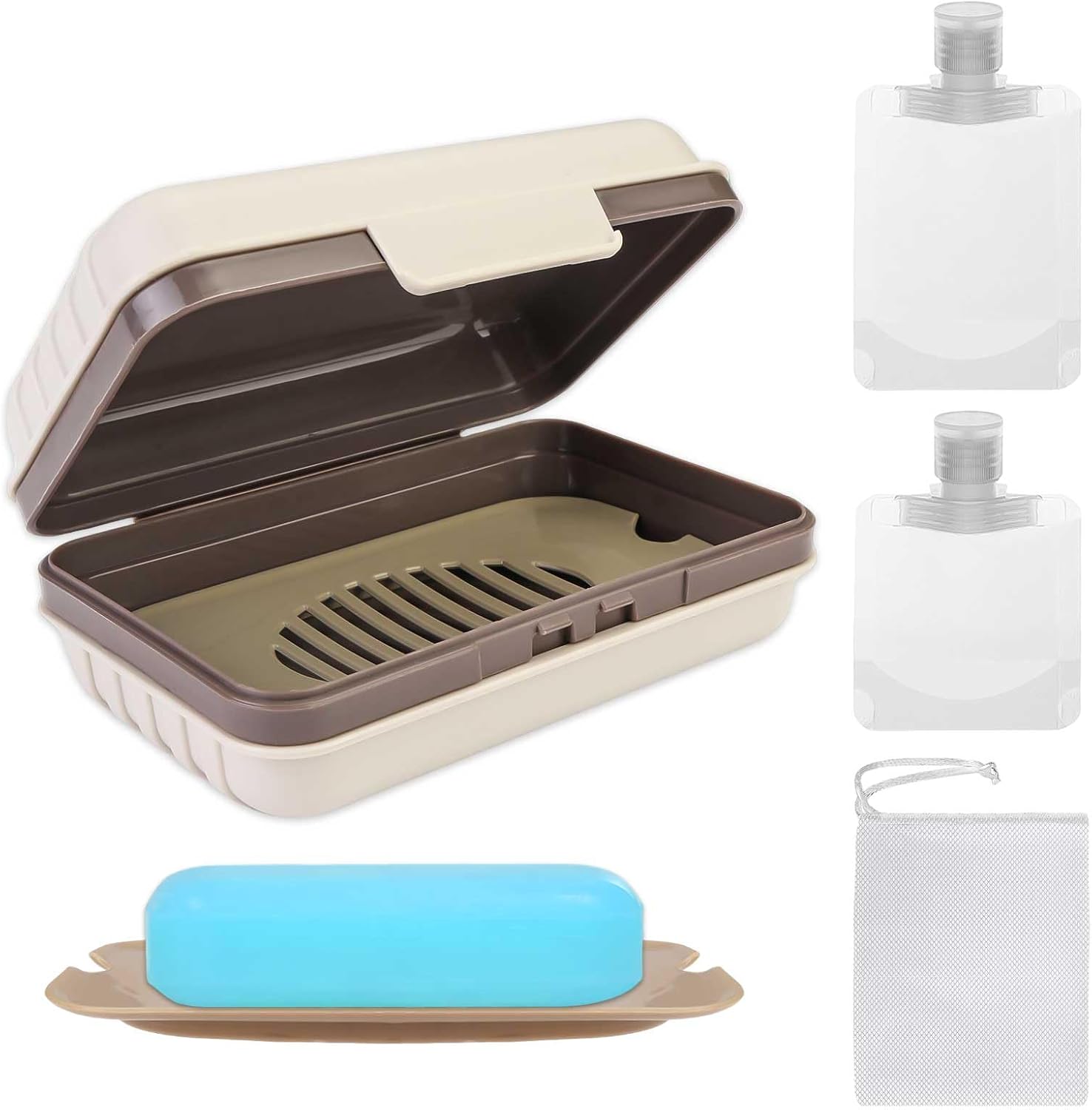 4 Pack Travel Soap Holder Set with Foaming Net and Packaging Bags Grey