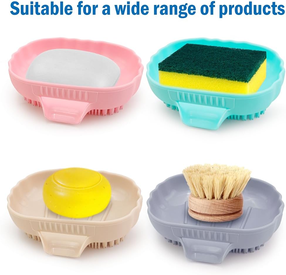Mabnuby Silicone Self Draining Soap Dish with Bristles Brush Purple Grey