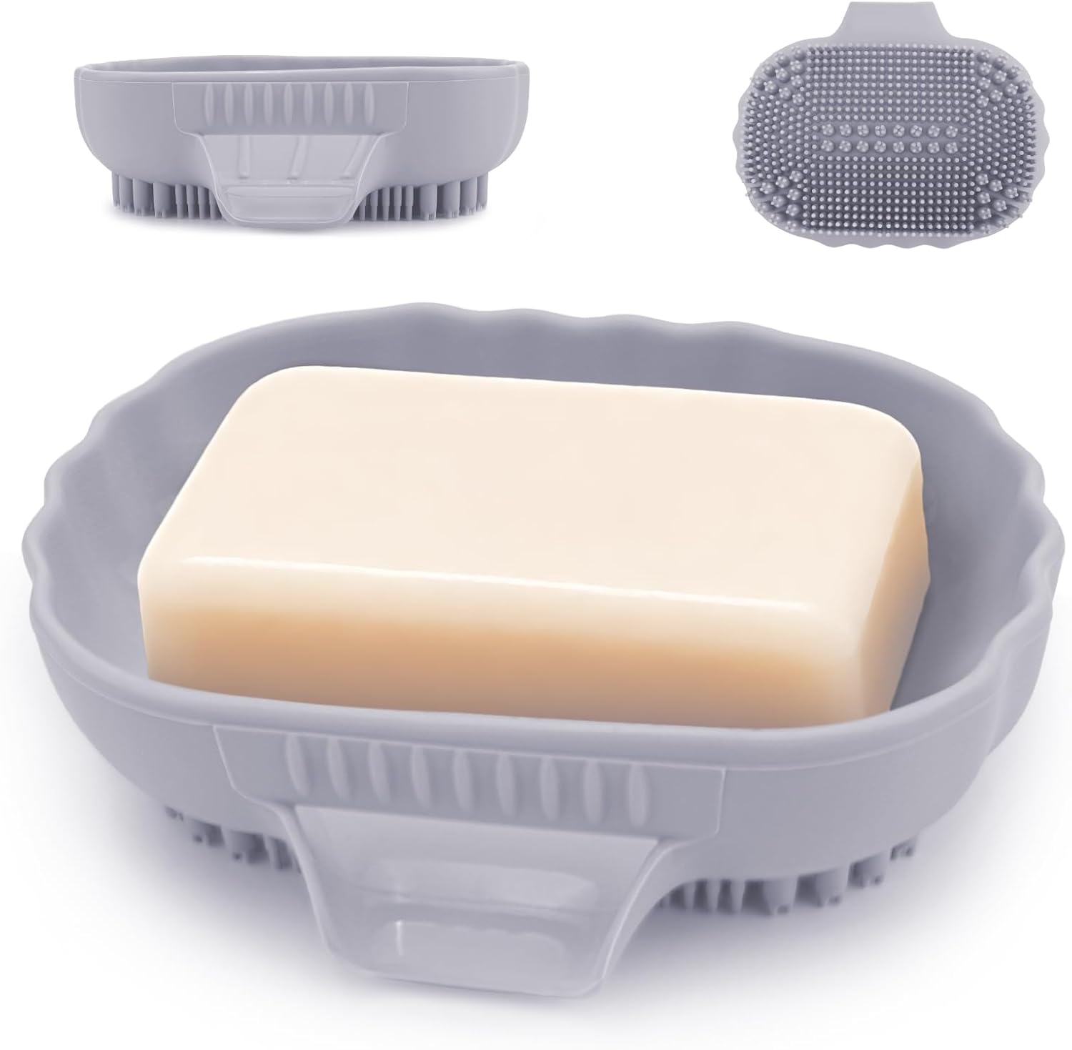 Mabnuby Silicone Self Draining Soap Dish with Bristles Brush Purple Grey