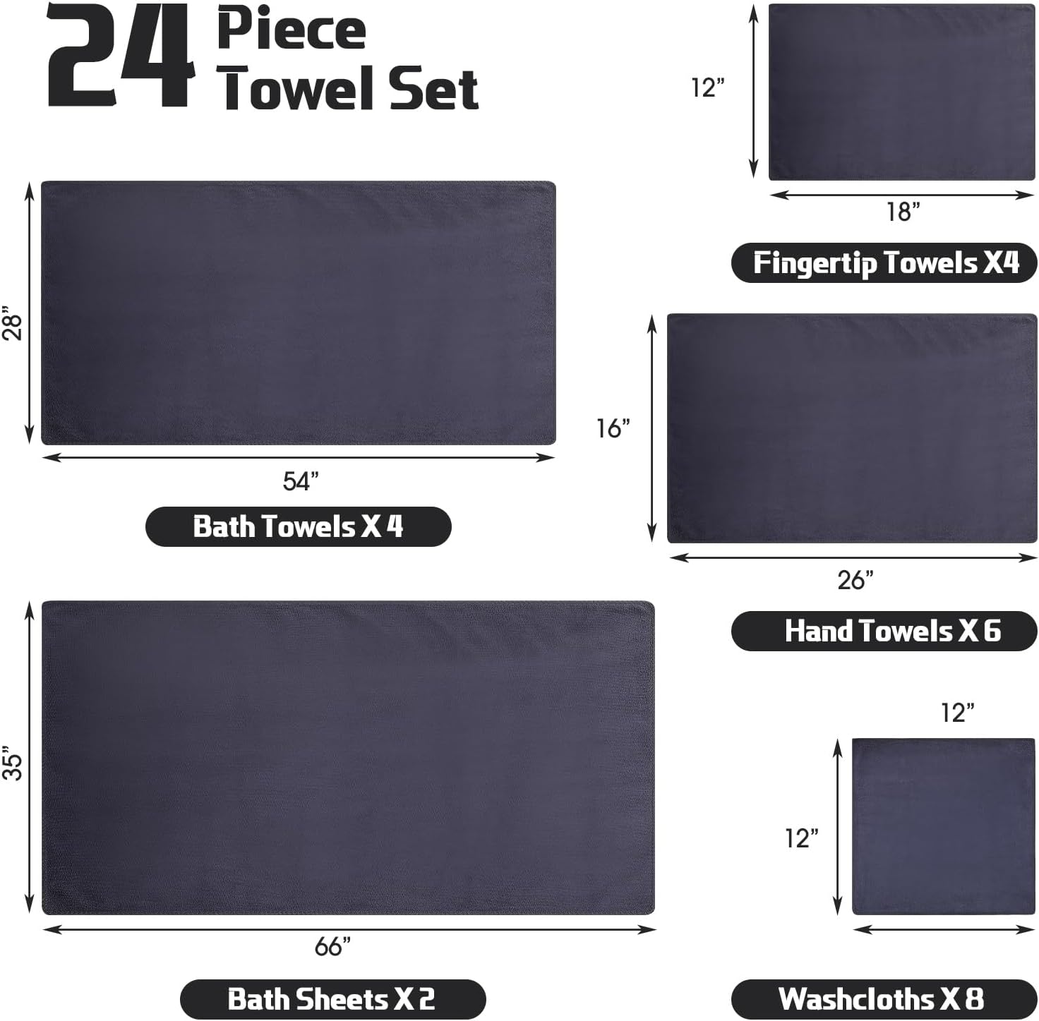 Mixweer 24-Piece Bath Towel Set Dark Grey Microfiber