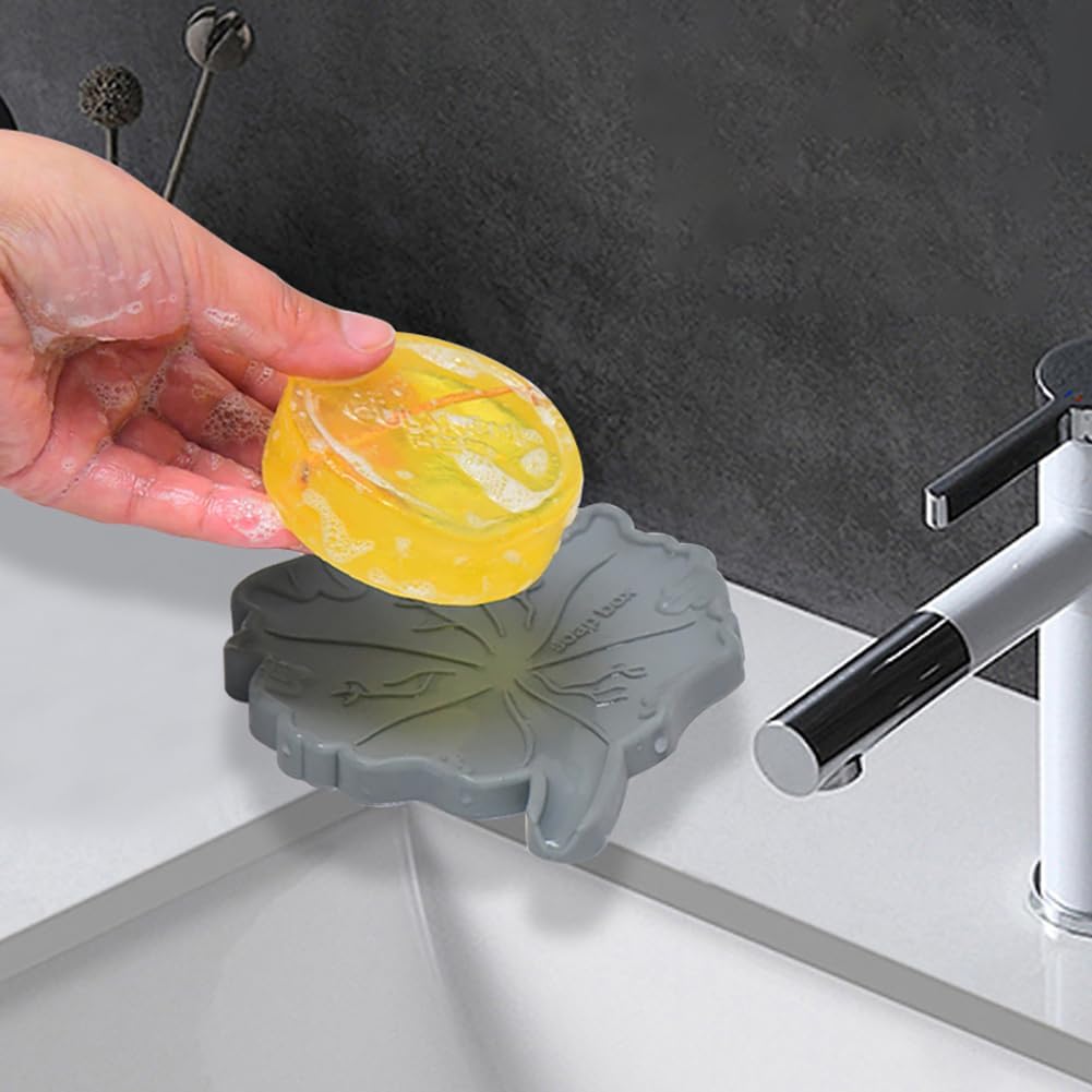 Creative Silicone Soap Holder Lotus Leaf Shape Non Slip Self Draining Light Grey