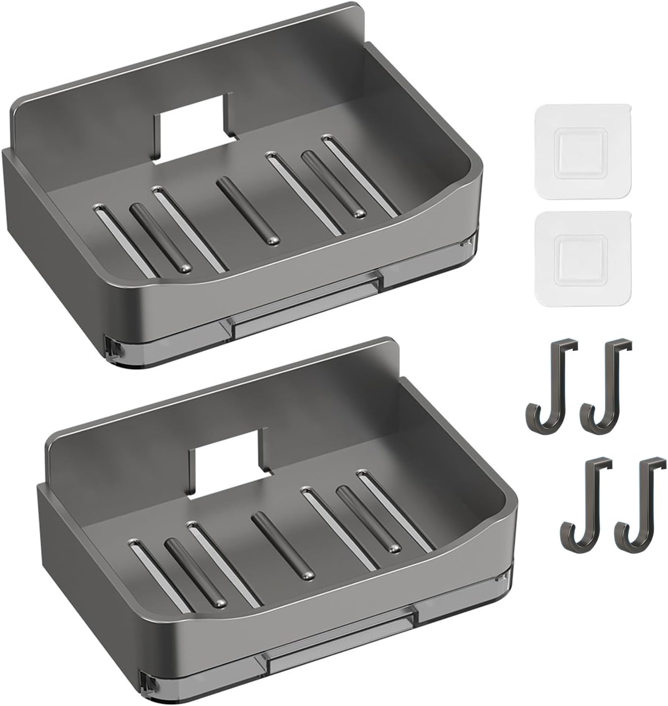 2Pcs Wall Mounted Soap Dish with Drip Tray Grey