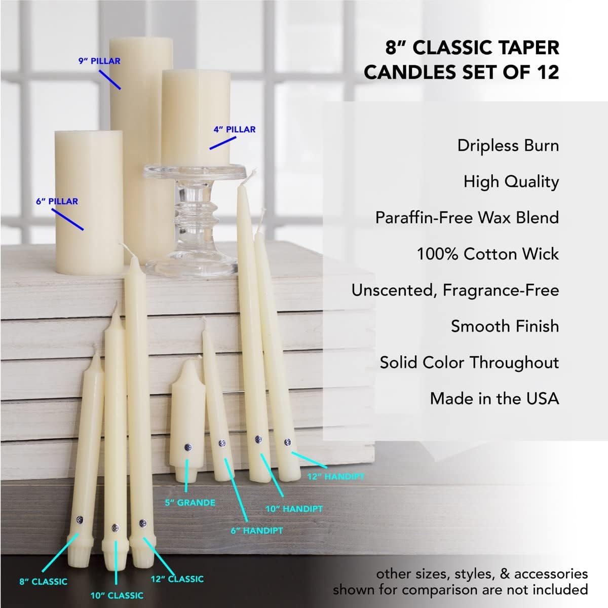Colonial Candle Unscented Taper Candles Classic Collection White 8 Inch Pack of 12
