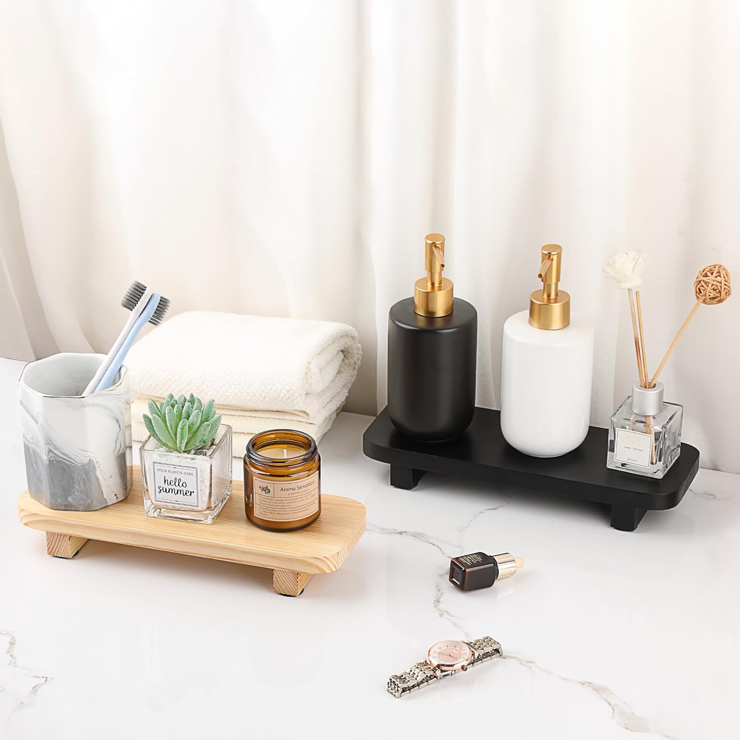 Sumnacon Small Wooden Stand - Decorative Soap Candle Display Tray Black
