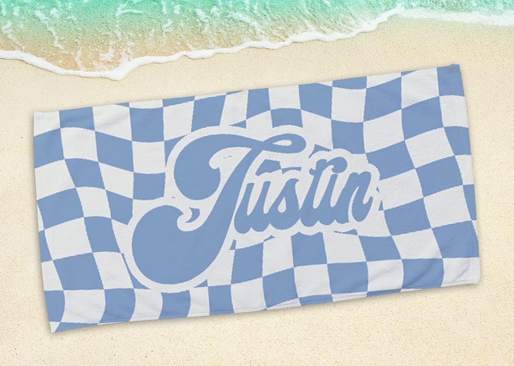 Custom Beach Towel - Retro Checker Print Navy Personalized Pool Swim Travel Blanket