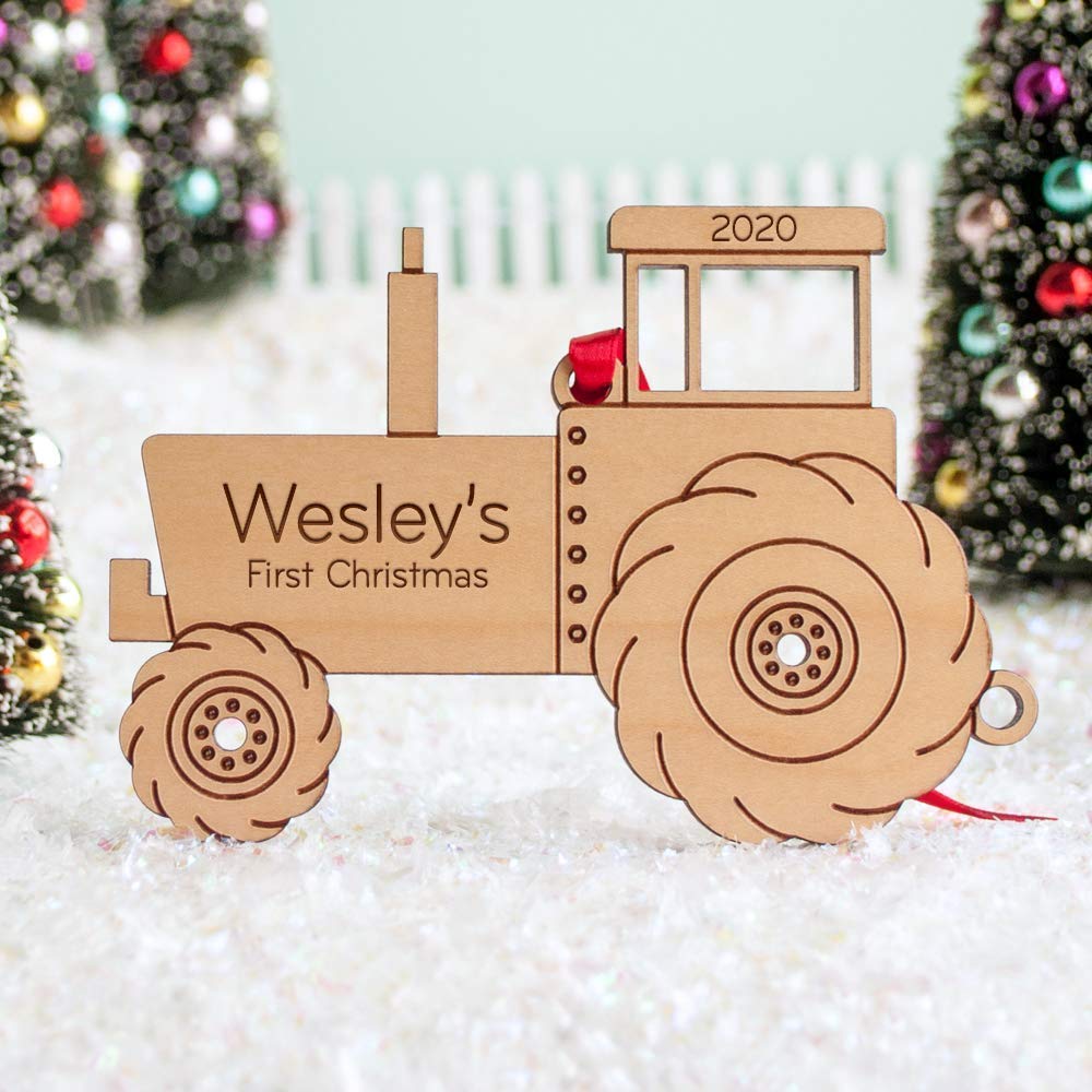 Tractor Farm Ornament Personalized Babys First Christmas 2024 Wood Handmade