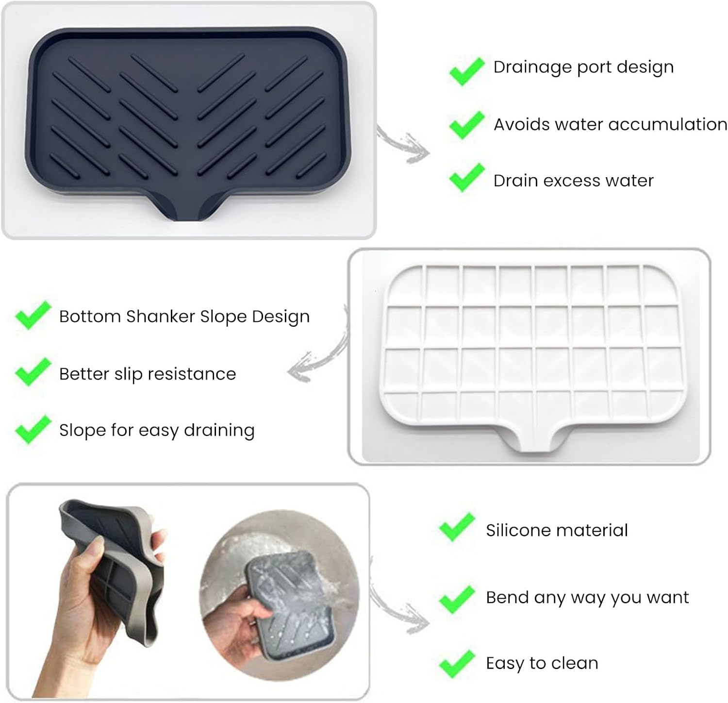 Drain Mat Silicone Soap Dish Anti-Skid Grey Small
