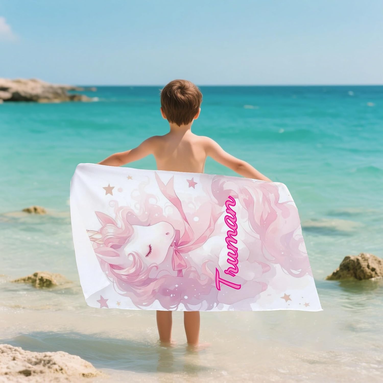 RAMULEN 2025 Custom Beach Towel with Name Striped Unicorn