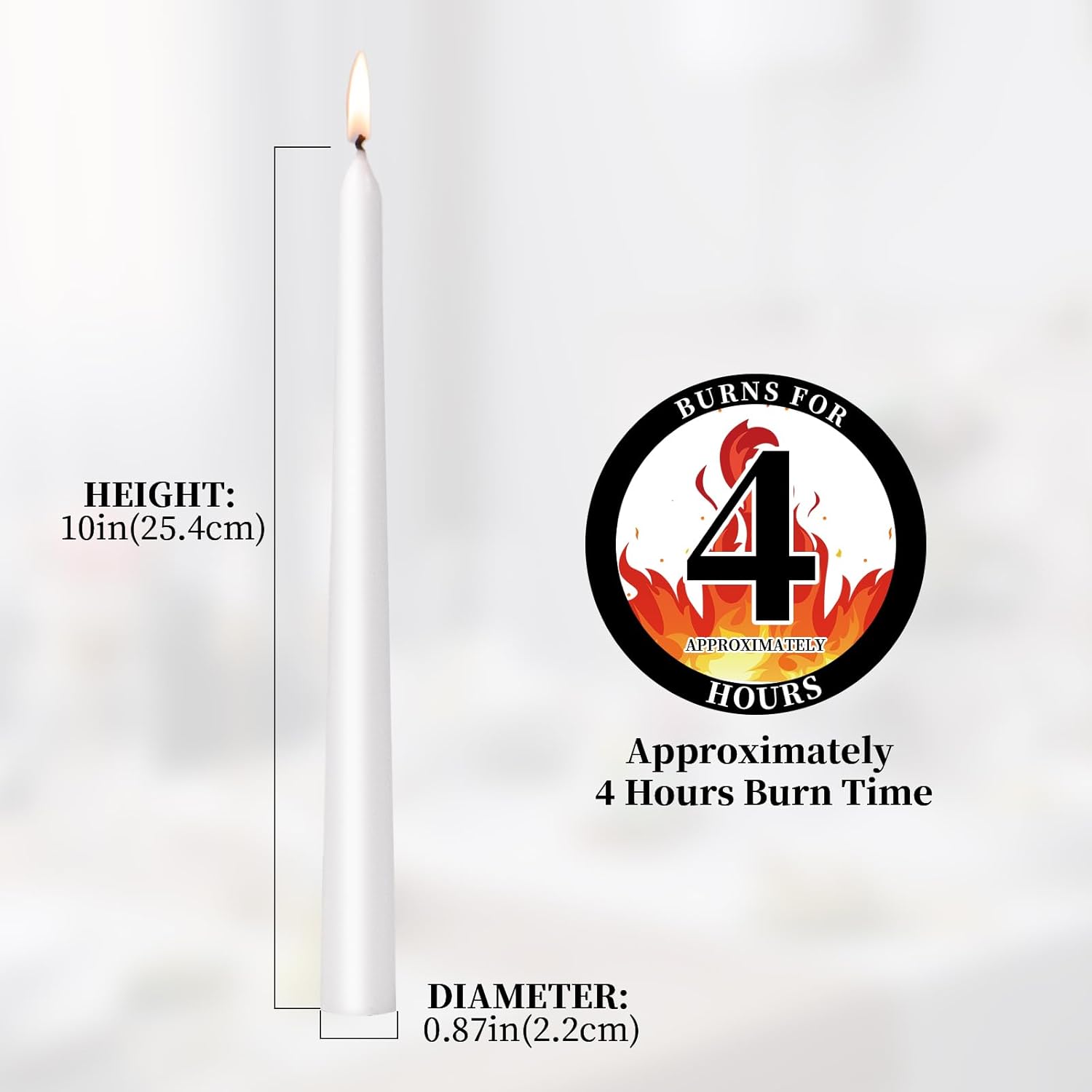 KONNI 08710 Inch White Taper Candles 10 Pack Smokeless Long Burning