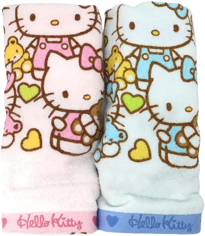 Kitty and Bear Face Towel Set - 2 Sets Pink Blue for Kids
