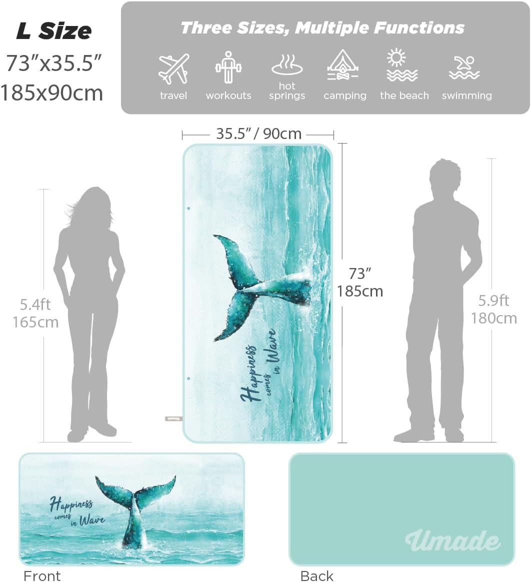 Umade Upgraded Microfiber Beach Towel - Whale Tail Aqua Blue 1