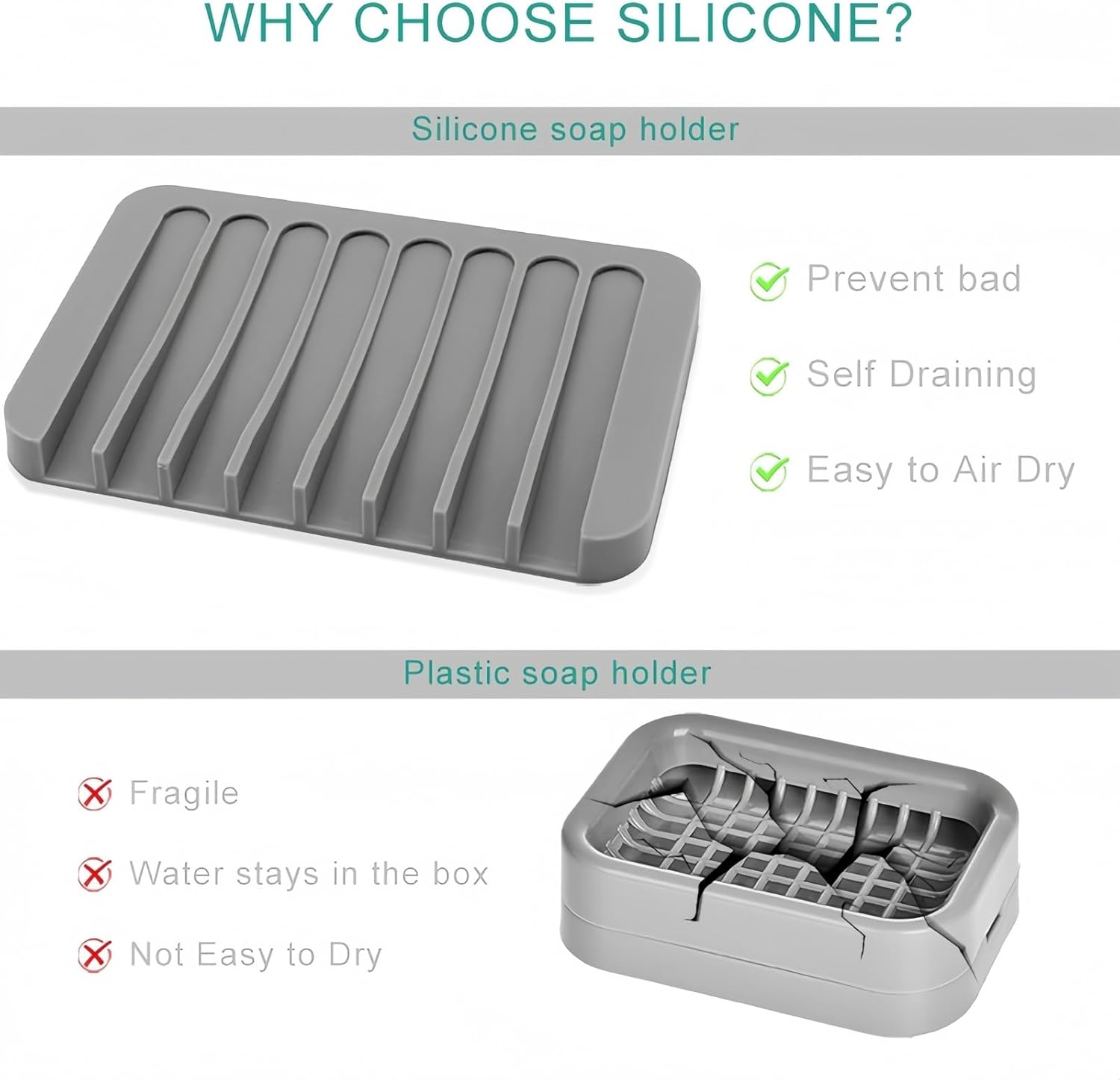 Self-Draining Silicone Soap Dish for Bathroom Gray and White