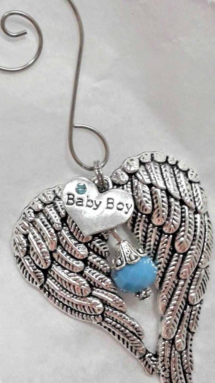 Baby Boy Infant Memorial Sympathy Angel Wings with Heart Charm Keepsake