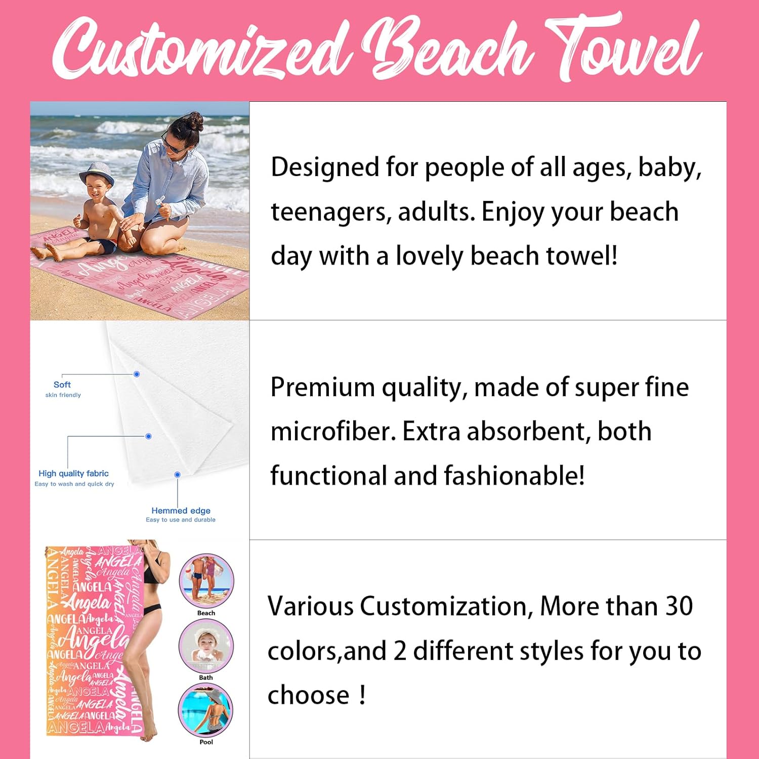 Personalized Beach Towel with Name for Kids and Adults