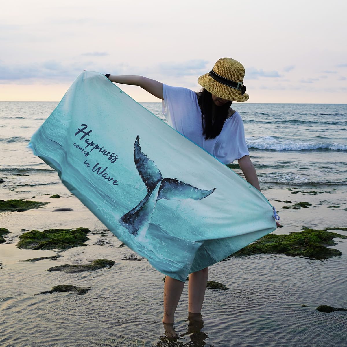 Umade Upgraded Microfiber Beach Towel - Whale Tail Aqua Blue 1