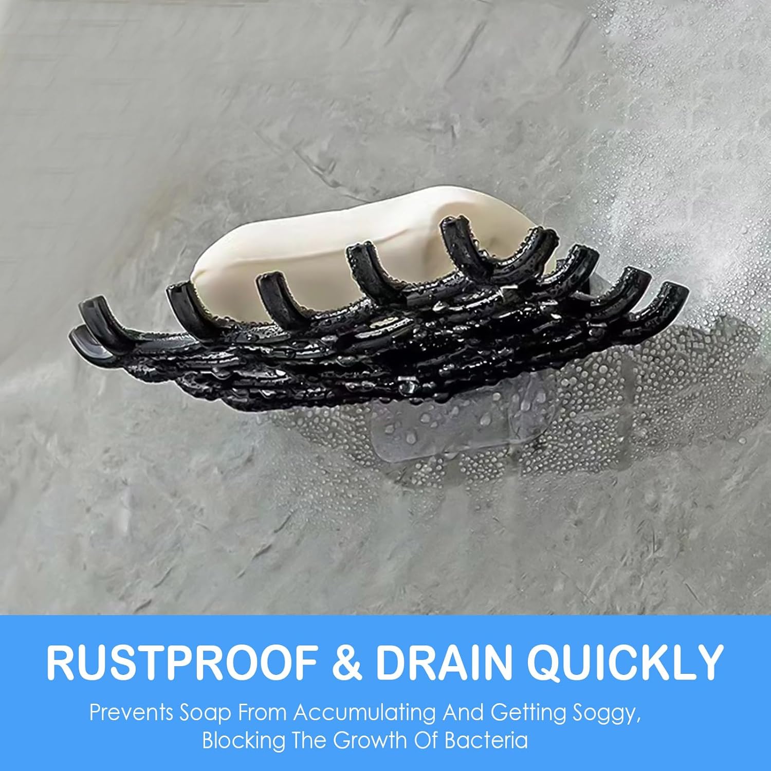 EOREA Self-Draining Soap Holder for Shower No Drilling Adhesive Hooks Black