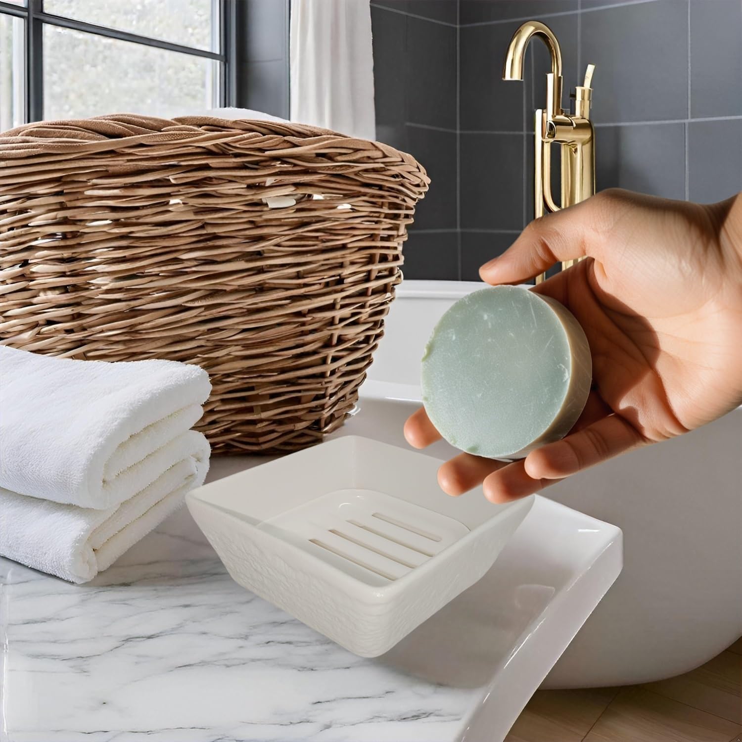 Vonpri Ceramic Soap Dish Non-Slip Square Holder for Bath and Kitchen