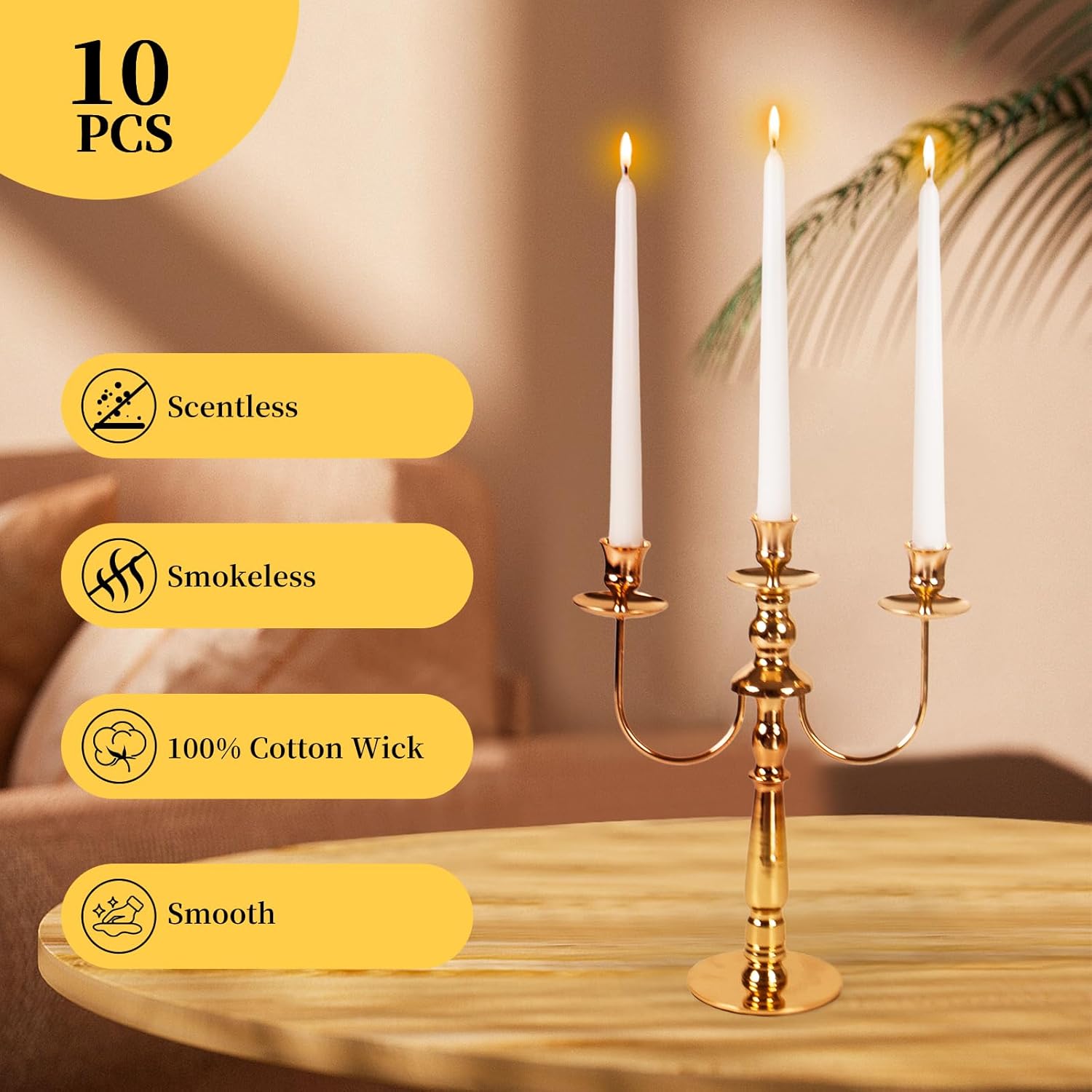KONNI 08710 Inch White Taper Candles 10 Pack Smokeless Long Burning