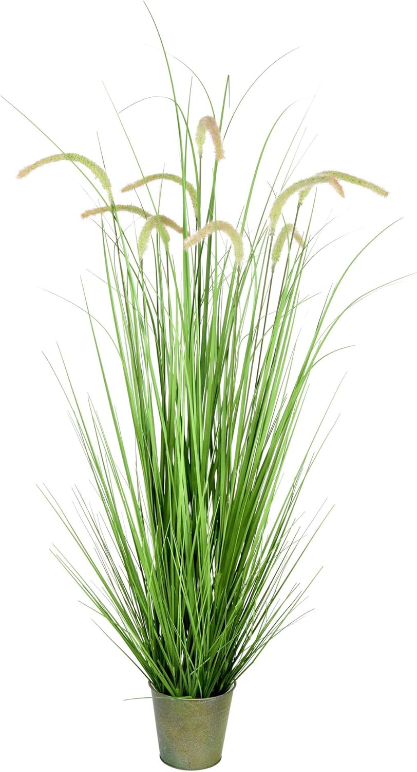 Vickerman 60 Artificial Green Grass with 9 Cattails in Iron Pot