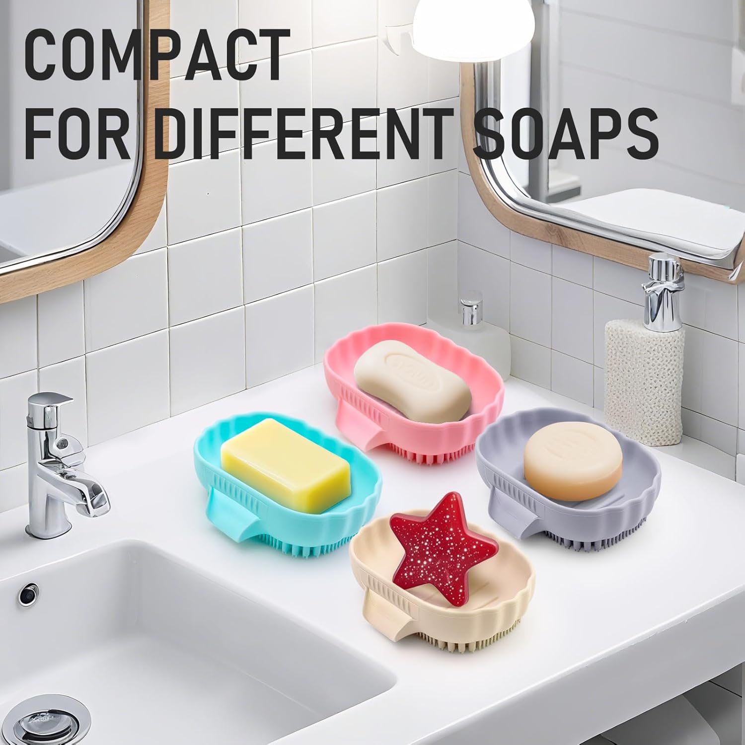 Mabnuby Silicone Self Draining Soap Dish with Bristles Brush Purple Grey