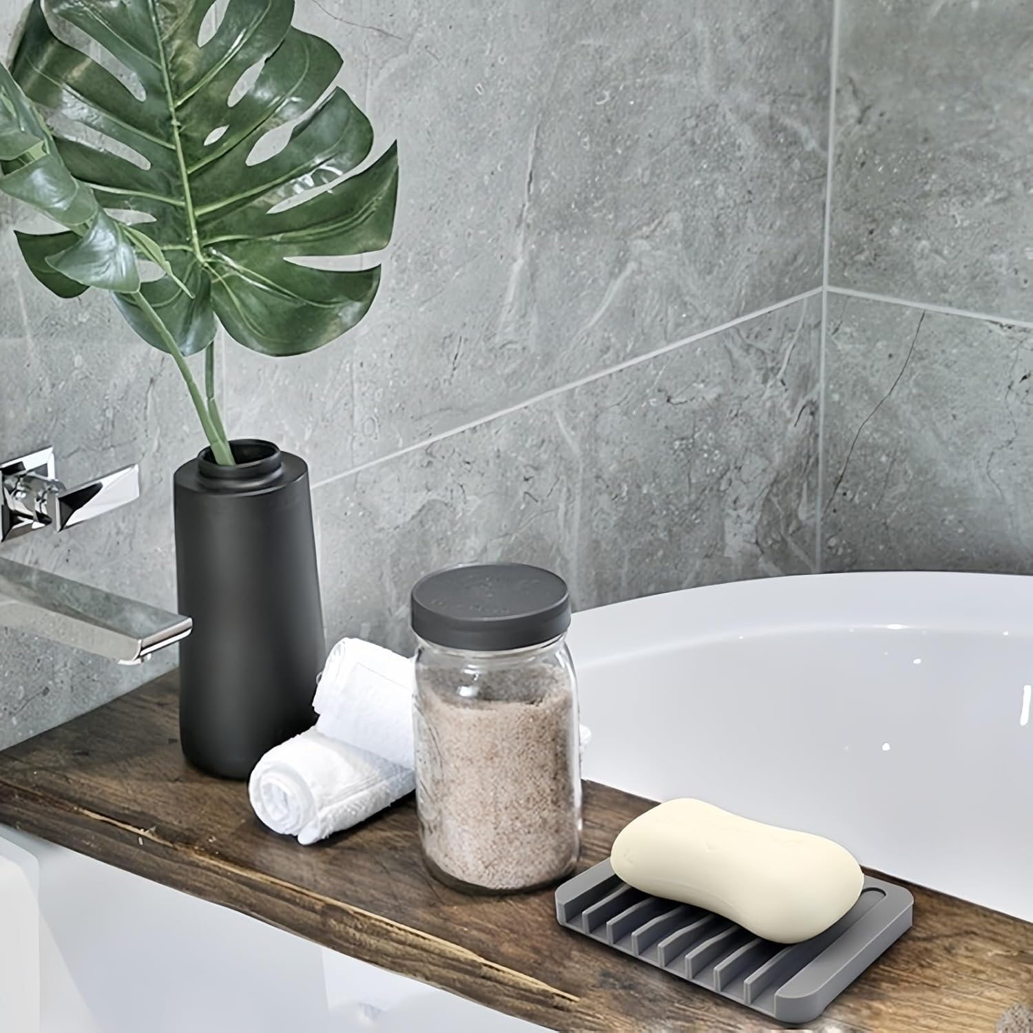 Self-Draining Silicone Soap Dish for Bathroom Gray and White