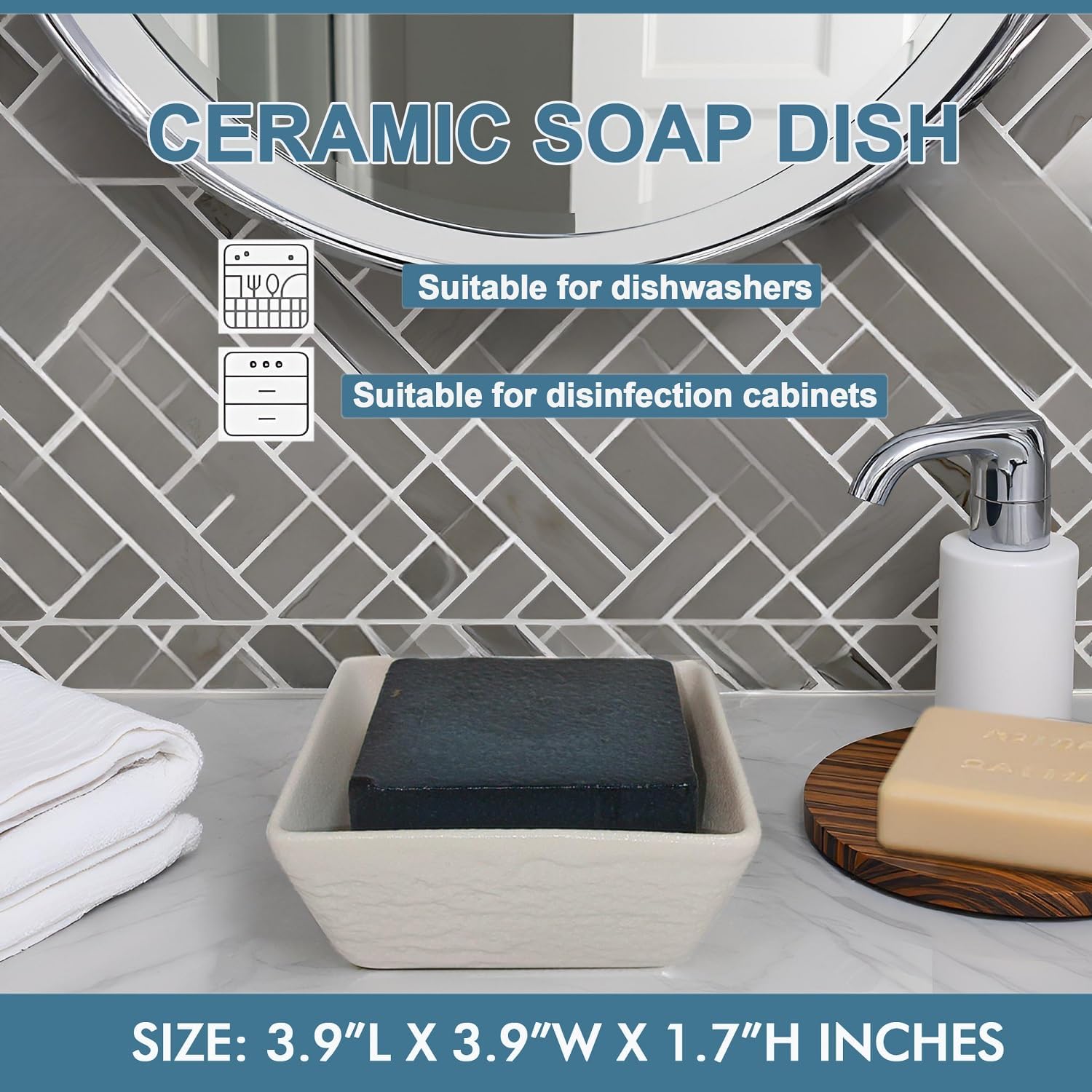 Vonpri Ceramic Soap Dish Non-Slip Square Holder for Bath and Kitchen