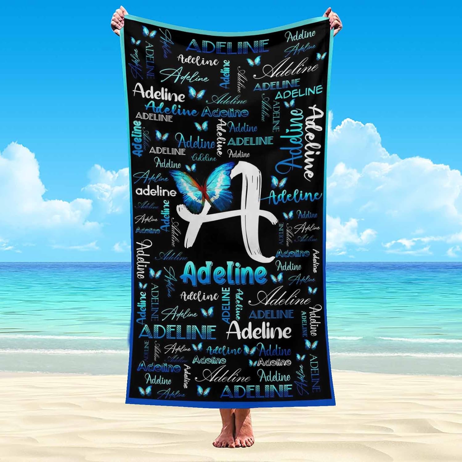 Artsadd Personalized Blue Butterfly Beach Towel with Initials