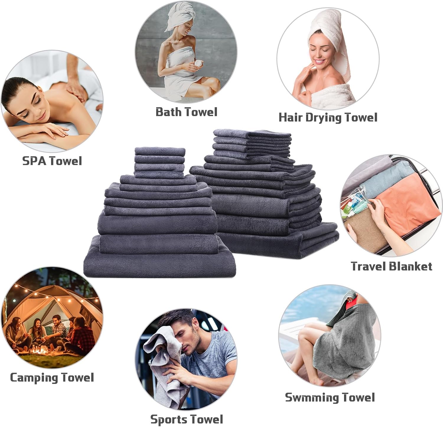 Mixweer 24-Piece Bath Towel Set Dark Grey Microfiber