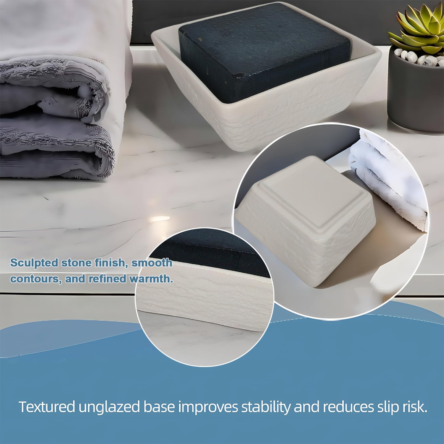 Vonpri Ceramic Soap Dish Non-Slip Square Holder for Bath and Kitchen