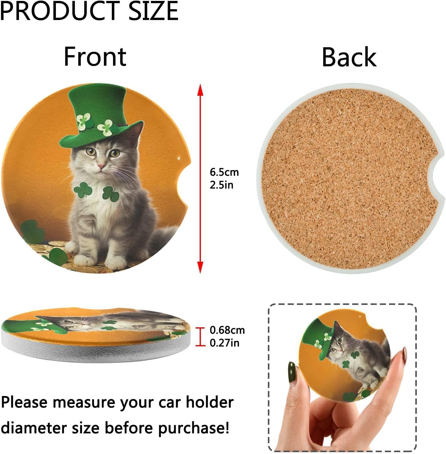 St Patrick Cat Car Cup Holder Coasters 2 Pack