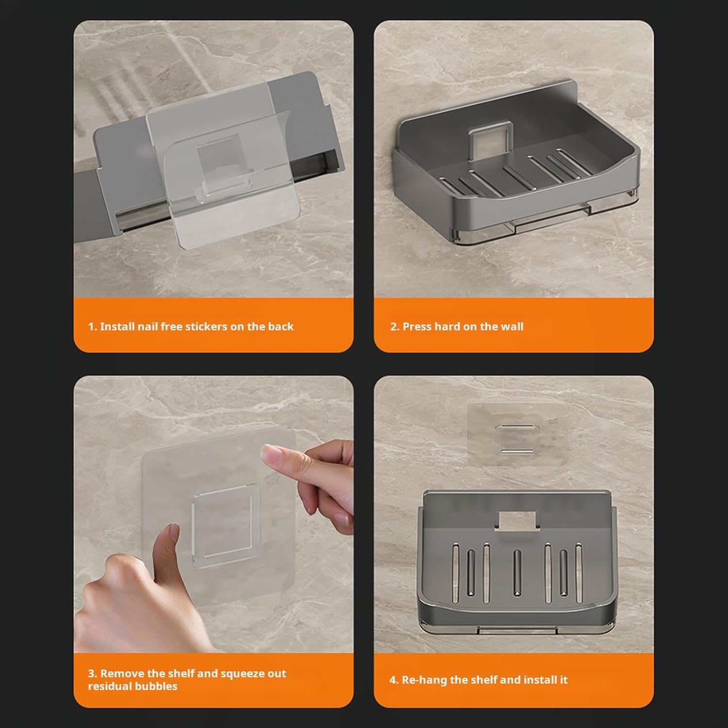 2Pcs Wall Mounted Soap Dish with Drip Tray Grey