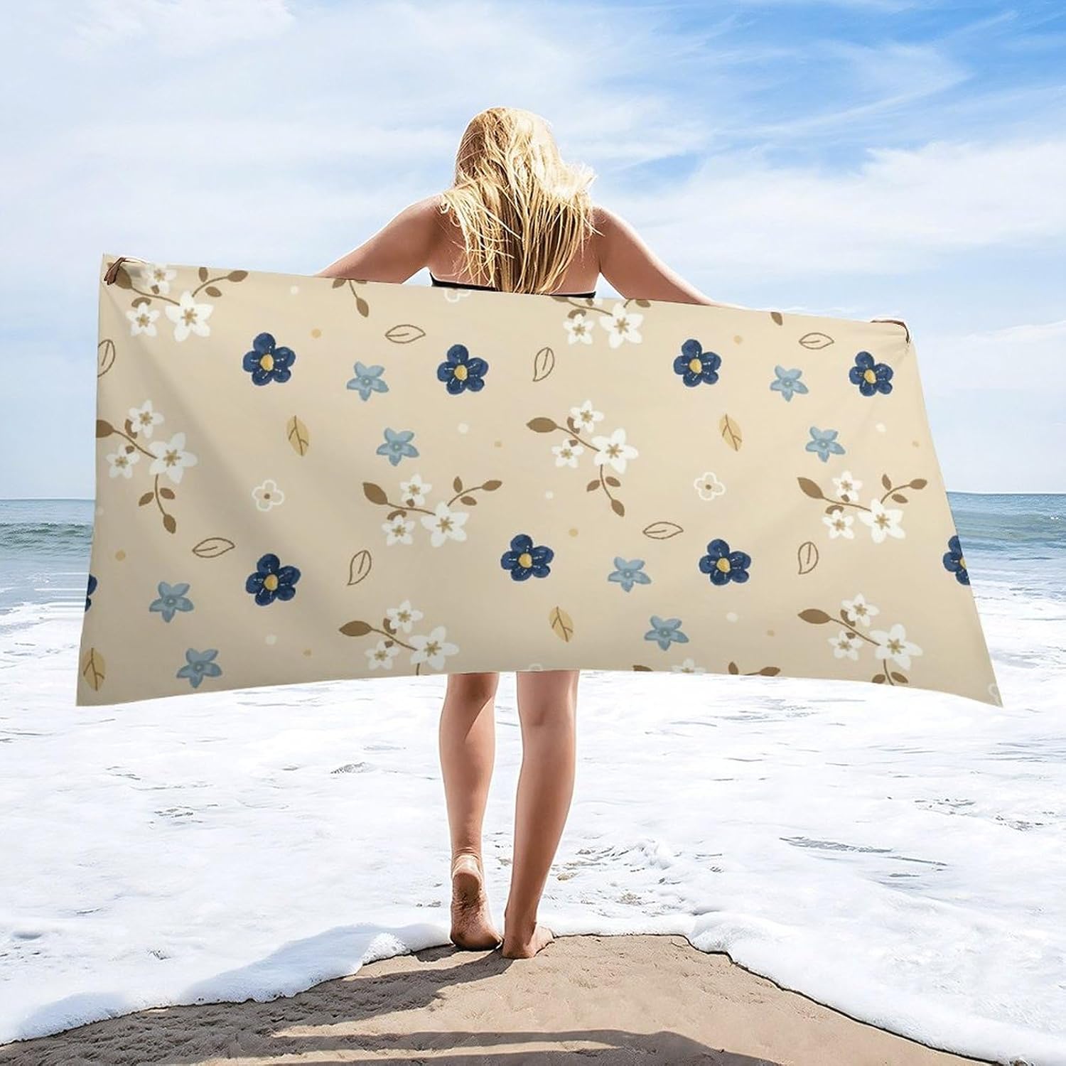 Fluffy Watercolor Spring Flowers Beach Towel 32x64 Inch