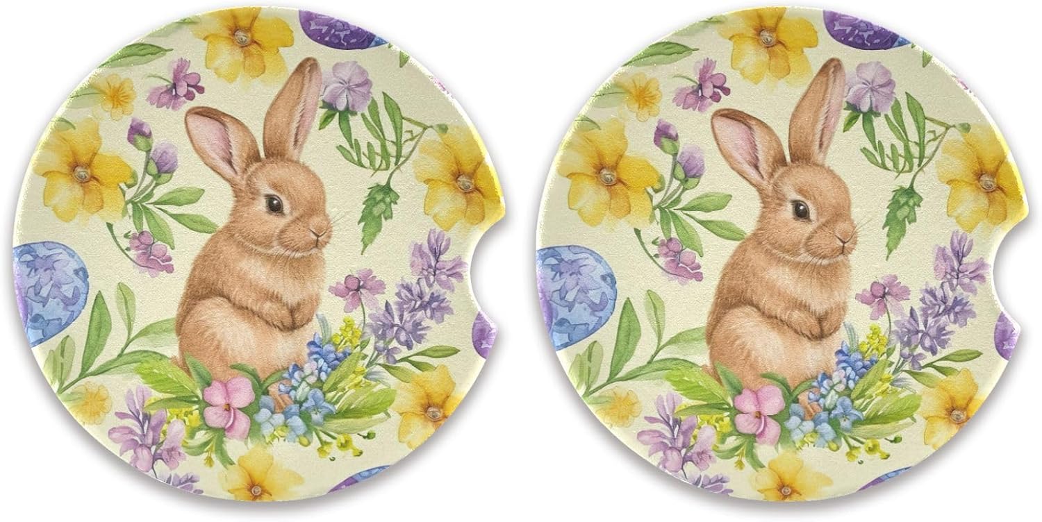 Easter Bunny Car Coasters 2 Pack - Ceramic Cork Base