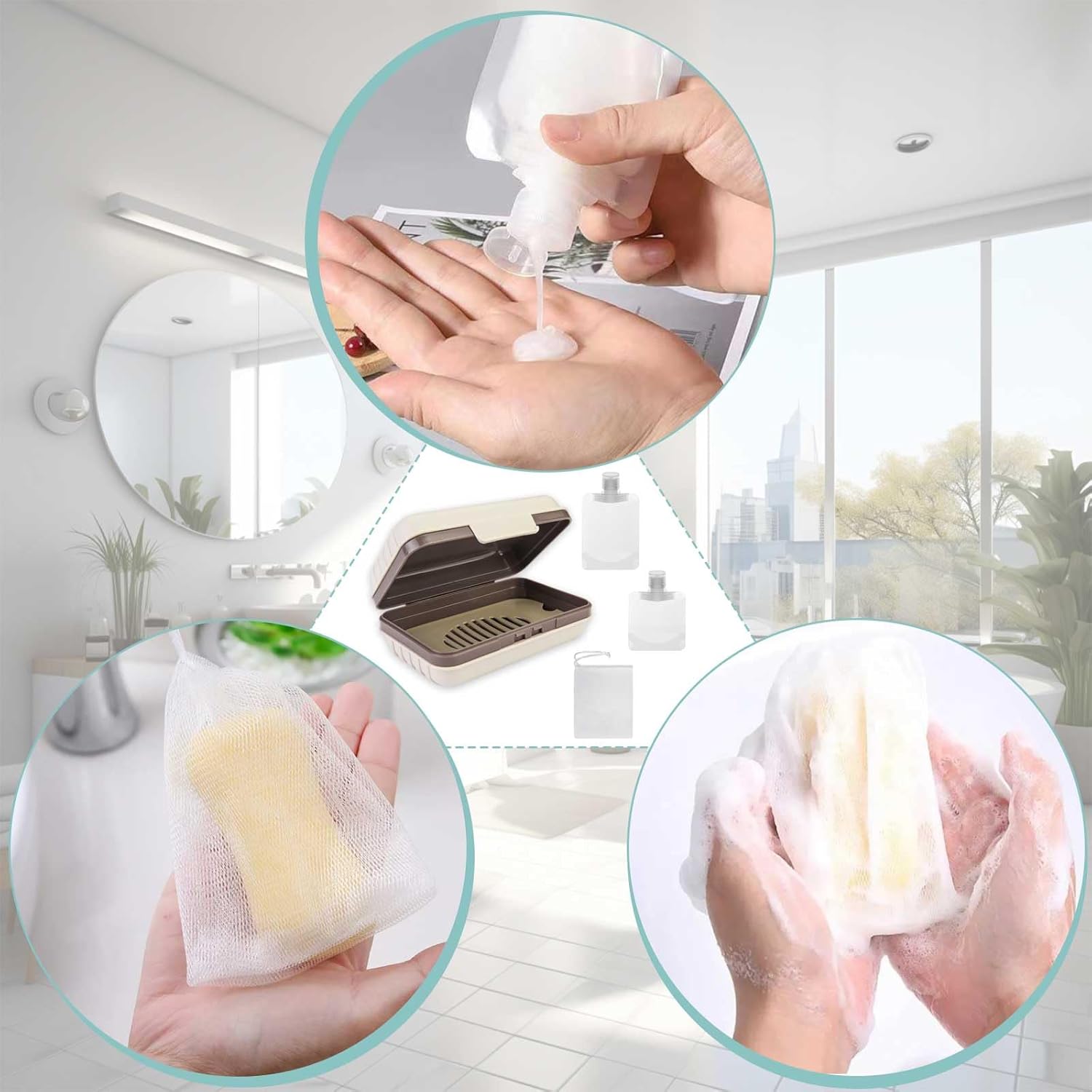 4 Pack Travel Soap Holder Set with Foaming Net and Packaging Bags Grey