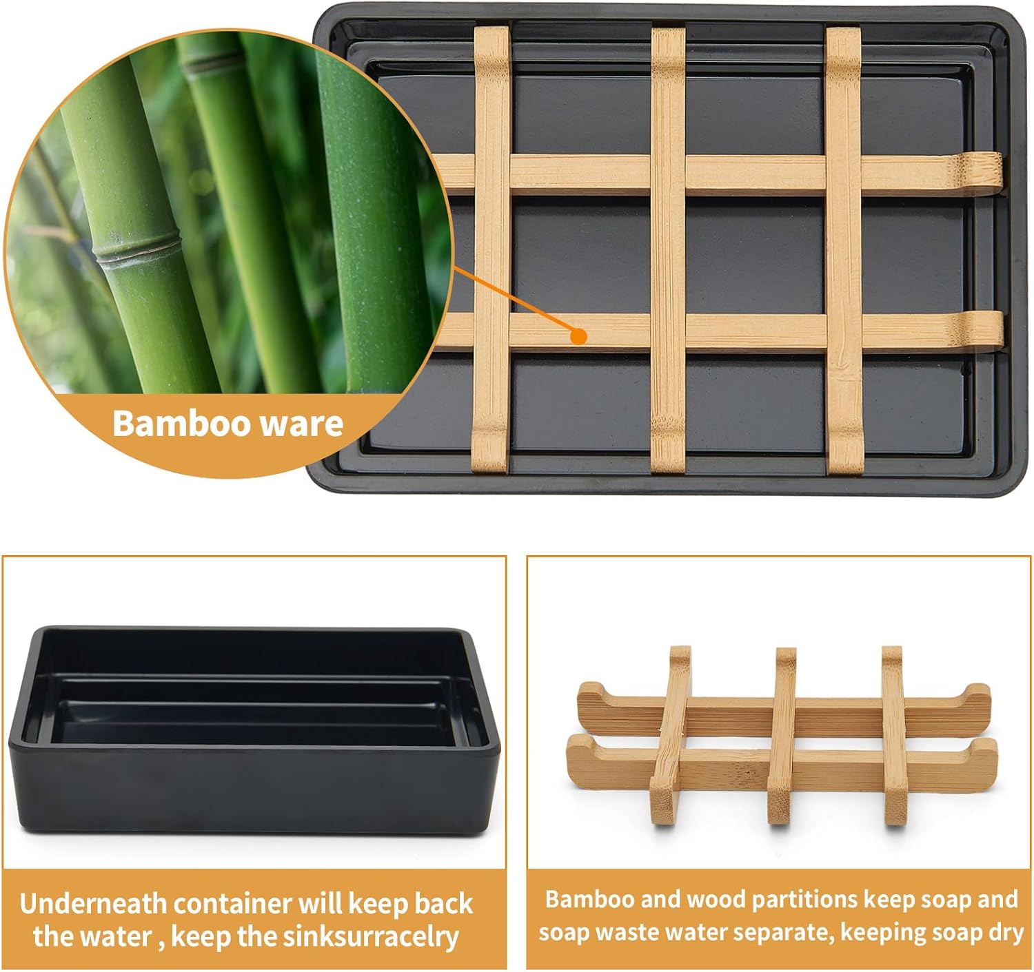 Bamboo Soap Dish with Anti-Slip Pads and Four Compartments