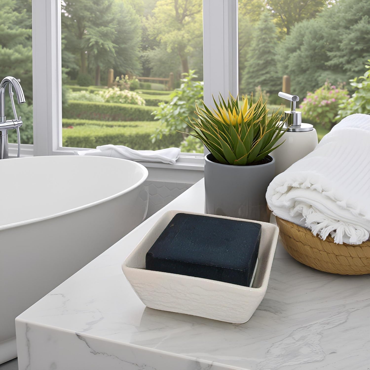 Vonpri Ceramic Soap Dish Non-Slip Square Holder for Bath and Kitchen