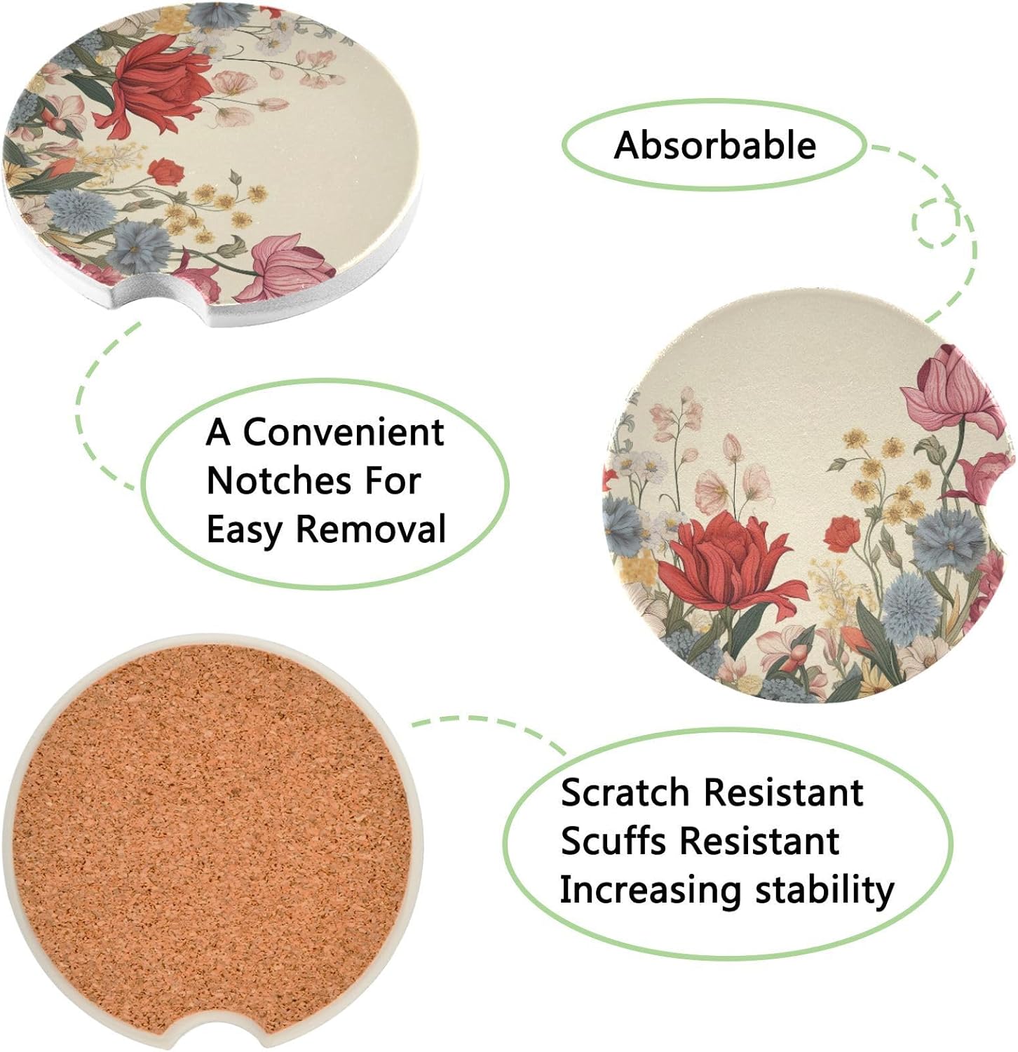 Retro Flowers Car Cup Holder Coasters 2 Pack