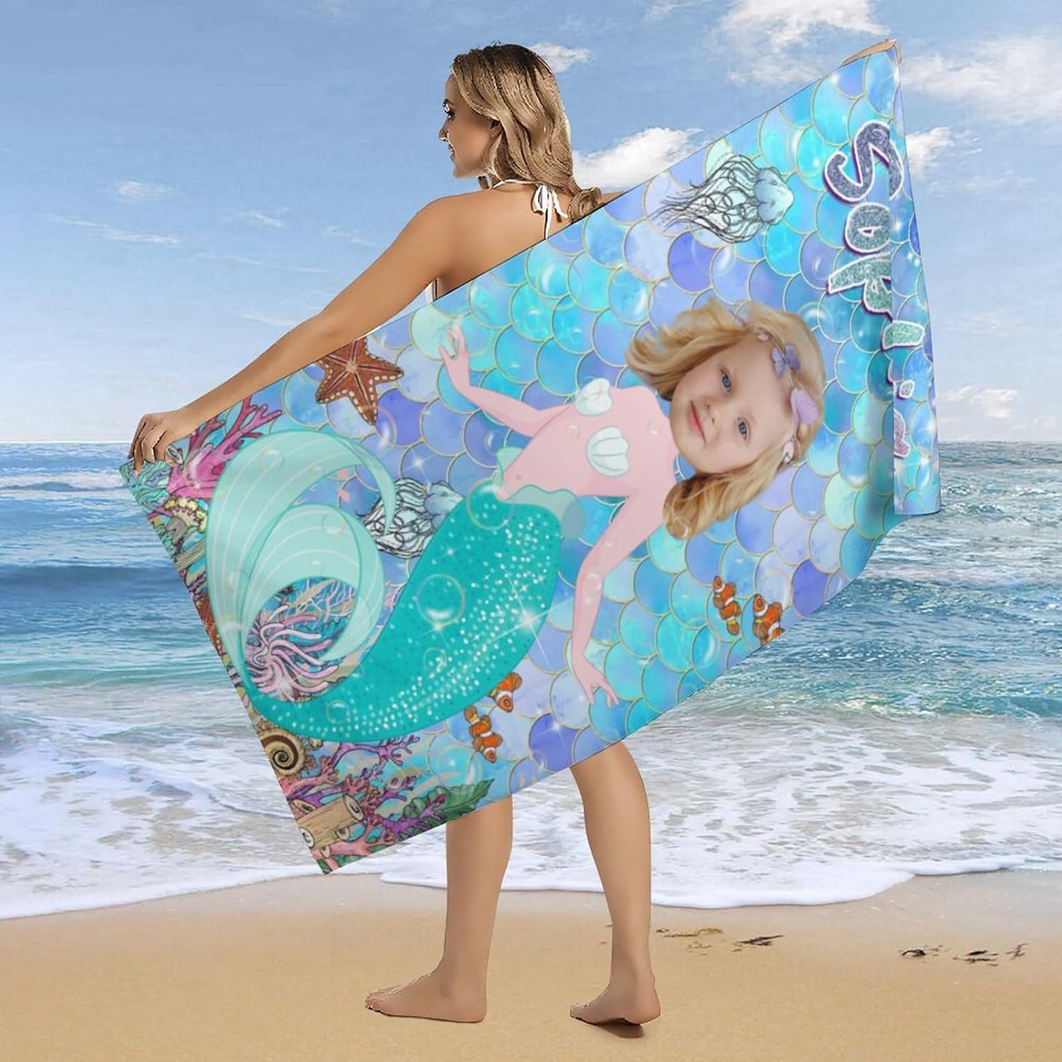 Personalized Mermaid Beach Towels for Kids Custom Name and Photo
