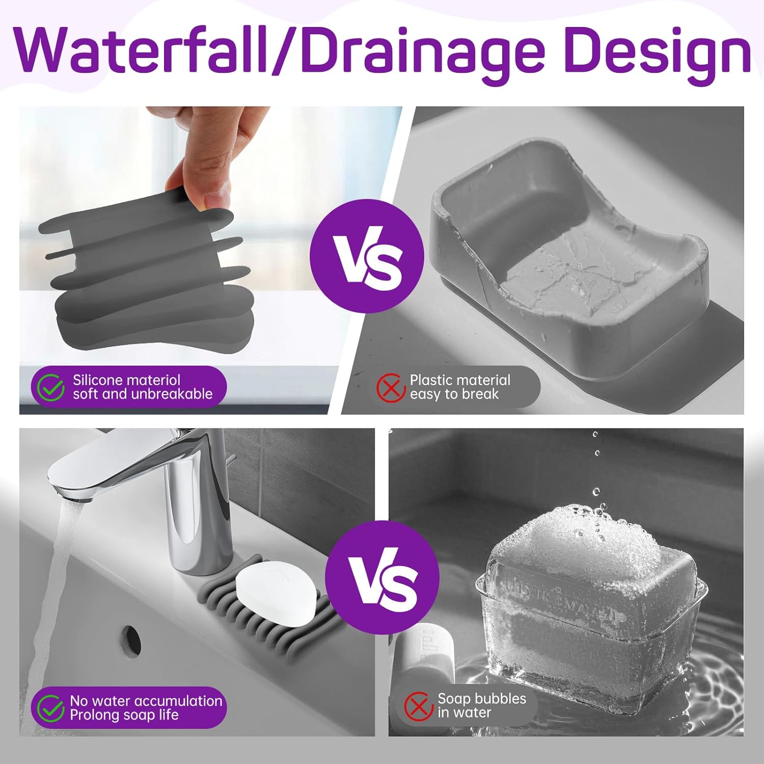 2 Pcs Self Draining Silicone Soap Holder - Waterfall Design Grey