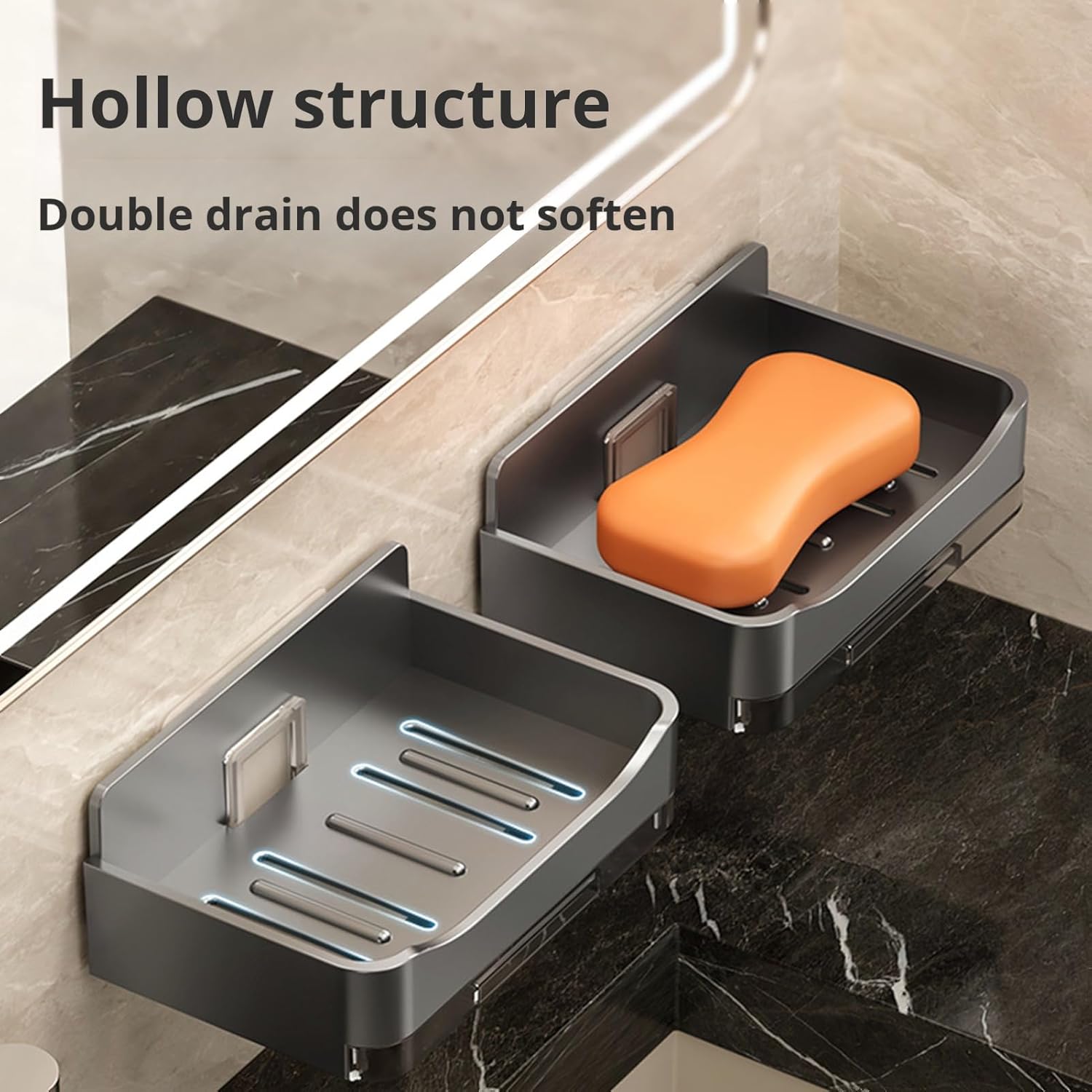 2Pcs Wall Mounted Soap Dish with Drip Tray Grey